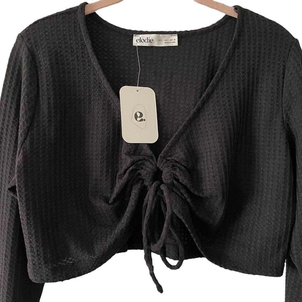 Elodie Waffle Knit Long Sleeve V-Neck Crop Top NWT - Picture 2 of 10